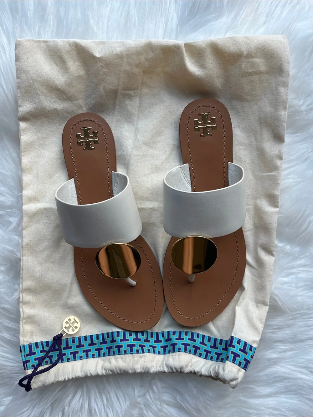 🆕 Tory Burch Patos Disc Sandals- Calf Leather Ivory/Gold Size 8.5 Dustbag